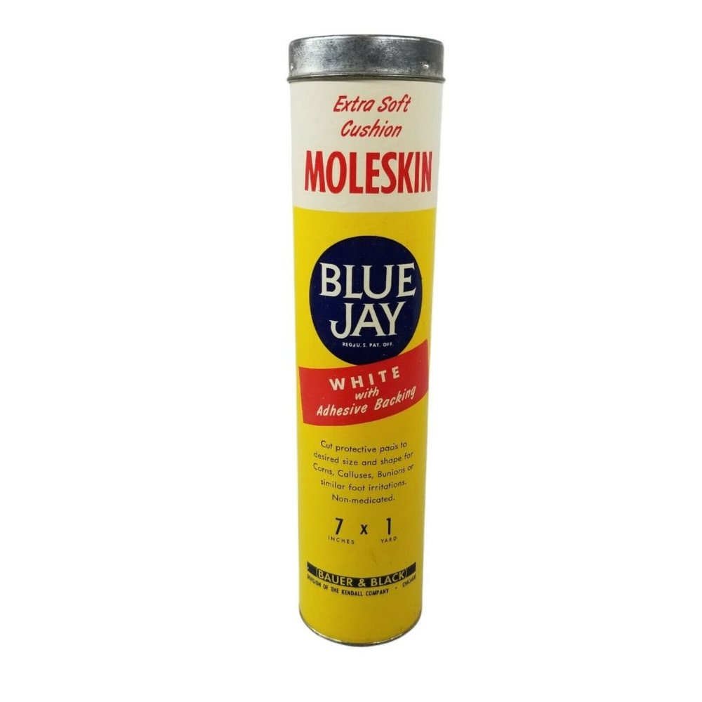 Vintage Bathroom Products Tin BLUE JAY Moleskin Housewife Advertisement Prop